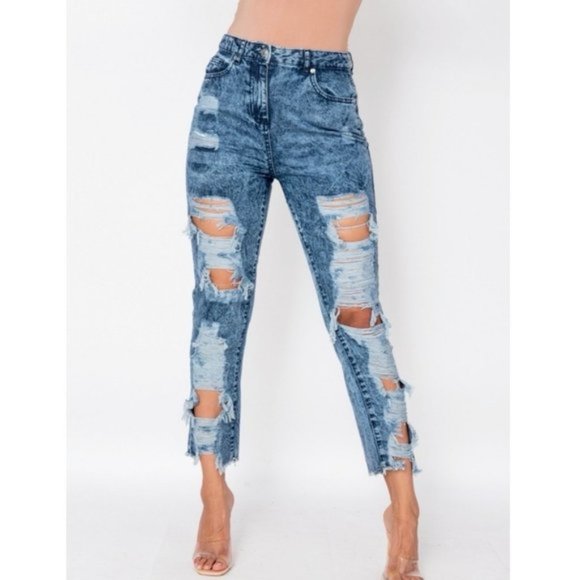 Denim - Blue Acid Wash High Waist Ripped Distressed Boyfriend Jeans Denim